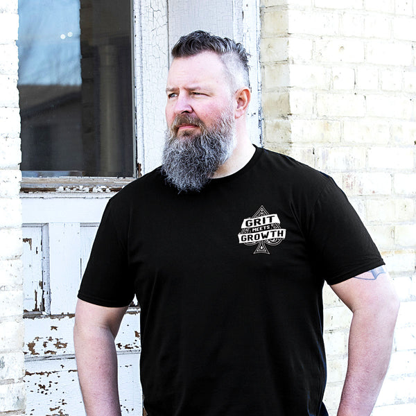 Black Tee Grit Meets Growth Lapel Logo - Unisex
