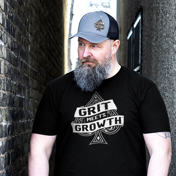 Black Tee Grit Meets Growth Large Logo - Unisex